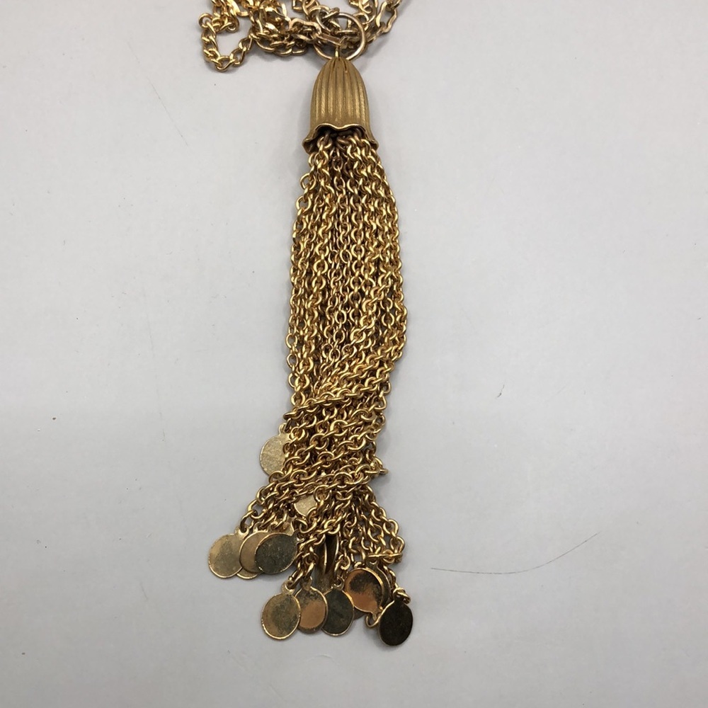 Vintage multi layered gold tone statement costume long necklace tassel fringe. - Picture 5 of 8